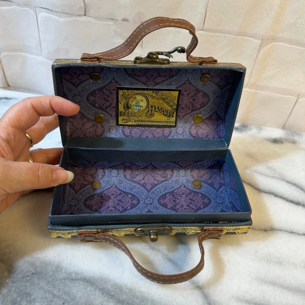 Vintage Style Mini Decorative Suitcase Blue Gold Floral Keepsake Box Trunk